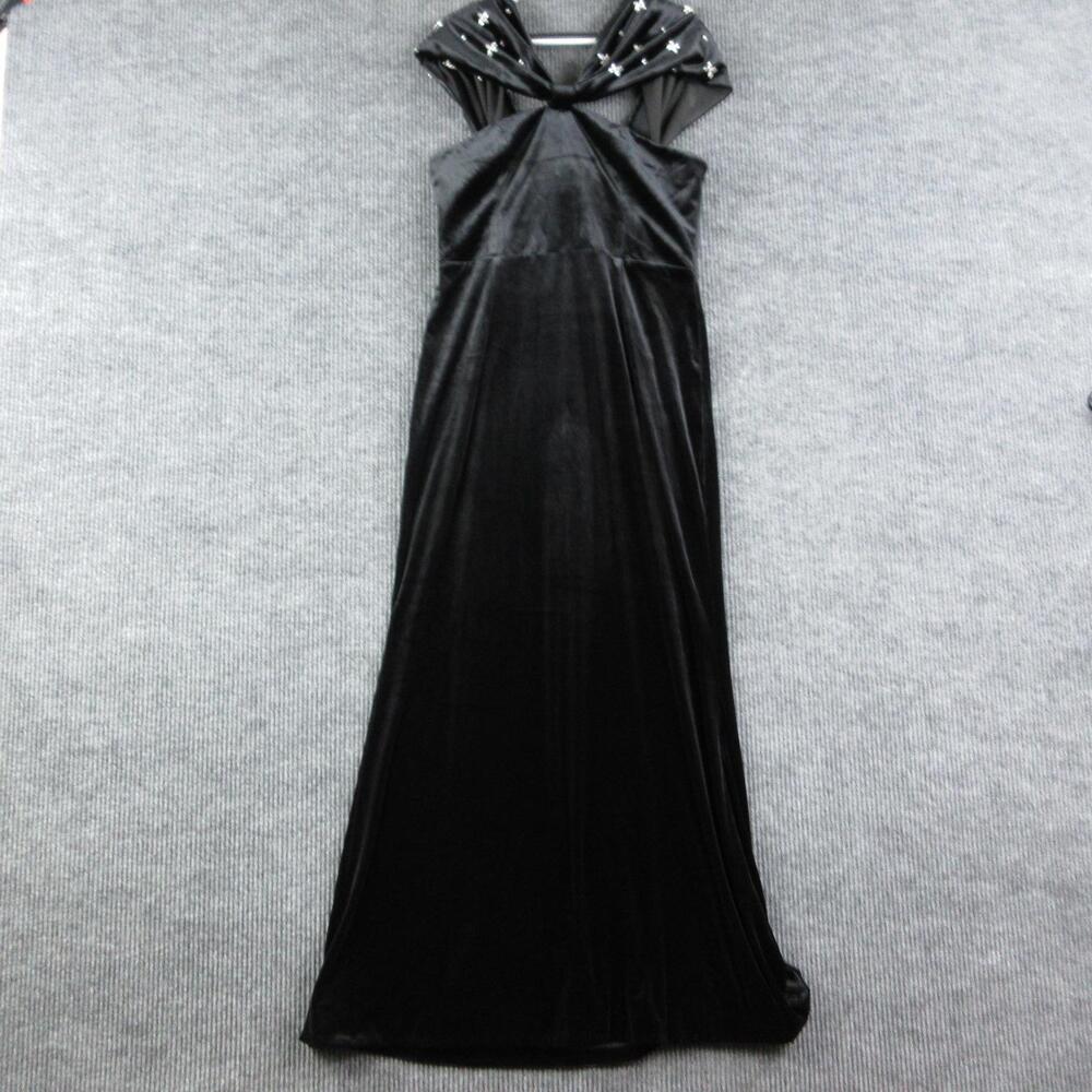 Club L London Dress Womens 12 Black Velvet Embellished Bardot Maxi Lined NWT